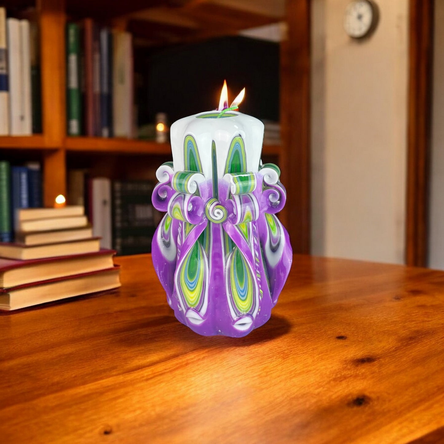 A decorative candle with a purple and green color scheme, featuring a floral pattern and intricate details, resembling a willow tree grove.
Used for romantic dinner, wedding, proposal, baptazing event.