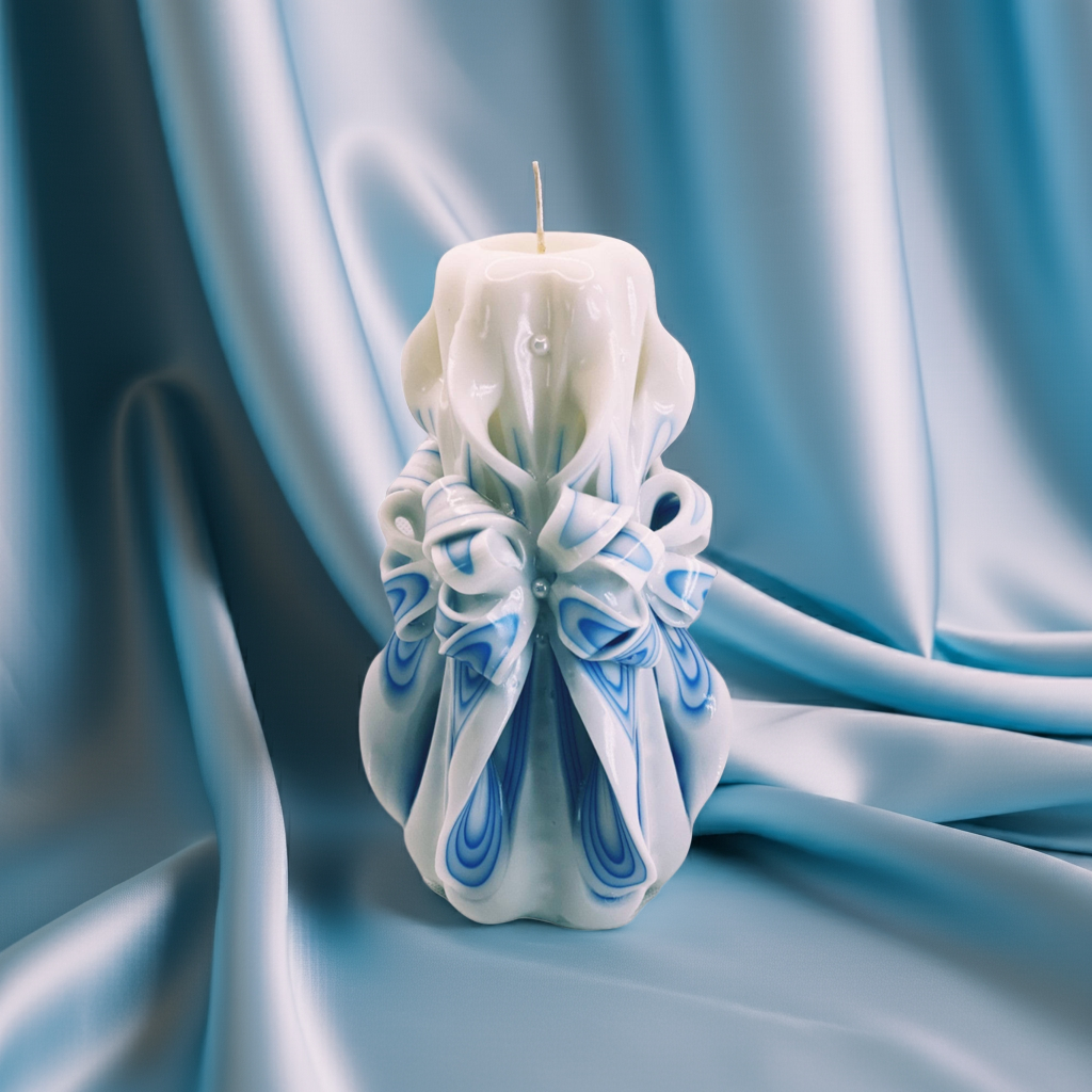 Decorative candle with blue and white floral patterns on a blue fabric background