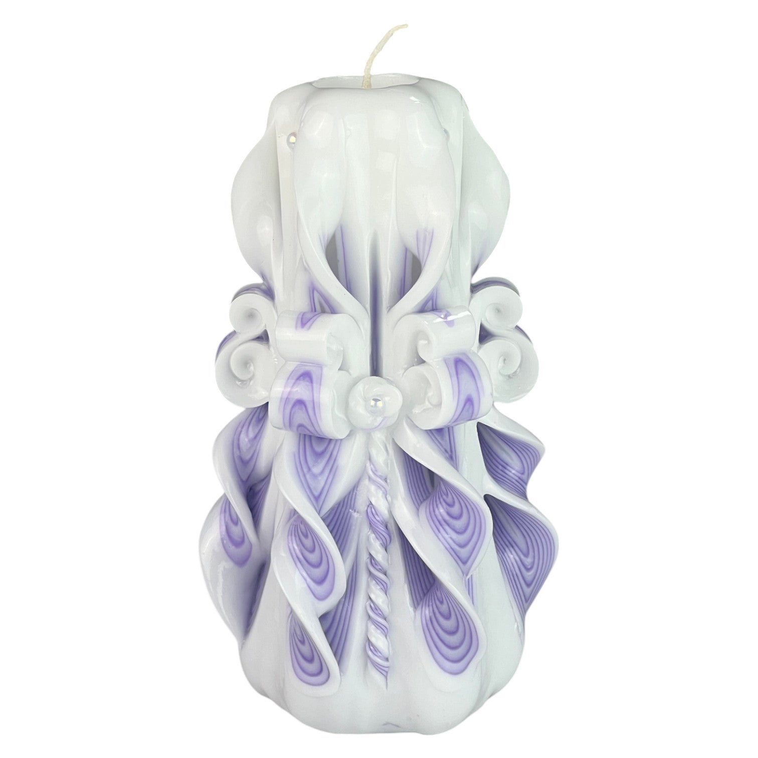 Amethyst Shadow Candle 500g
A tapered candle with a swirling purple and white paraffin, with a decorative bow on top, set against a white background.
