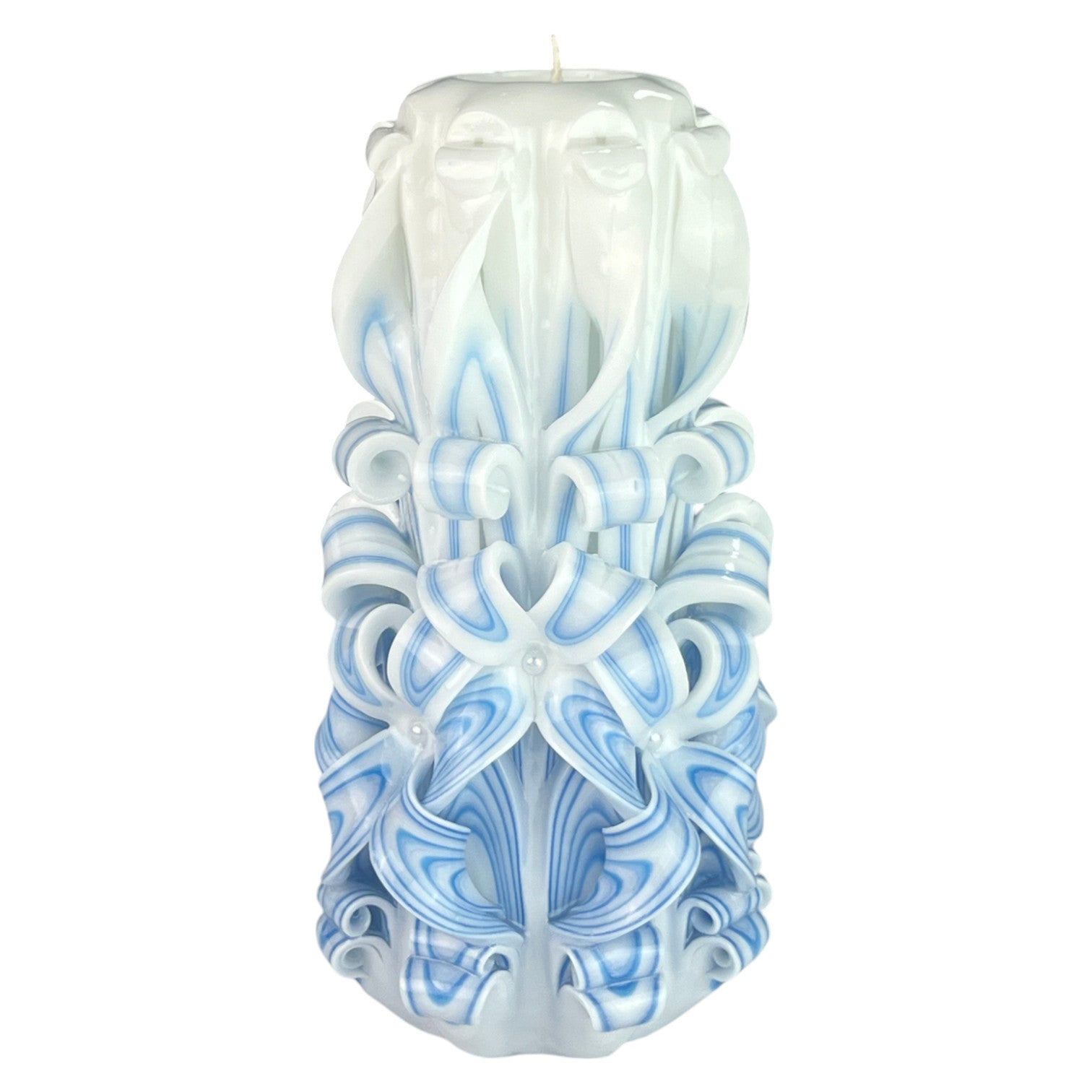 Angel's Touch Candle 950g
A tall, cylindrical candle with a swirling blue and white design, adorned with what appears to be pearl-like accents, with a top that resembles an angelic face.