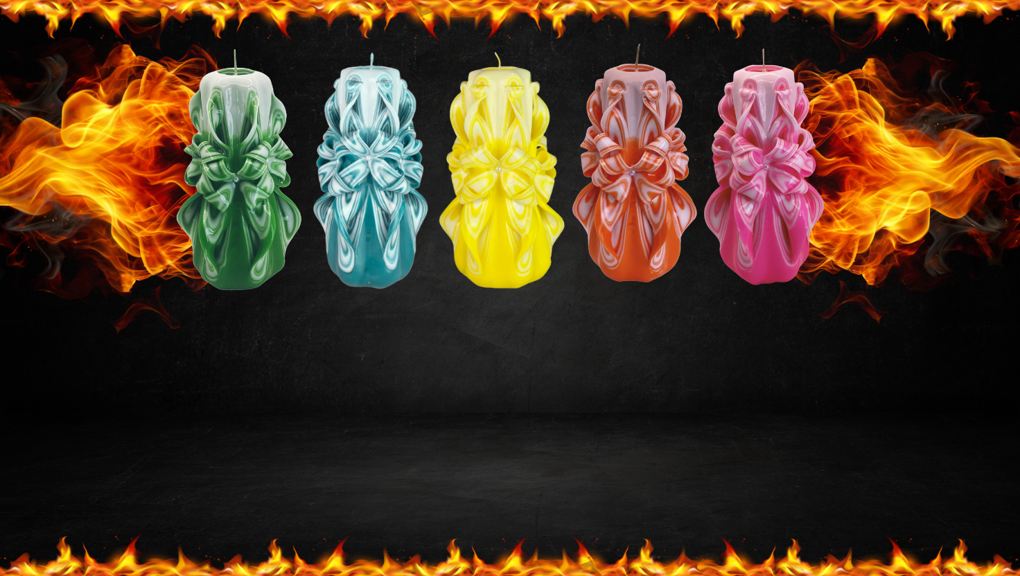 Colorful candles with vibrant hues and decorative bows on a black background with flames. Part of the Summer Vibes collection.