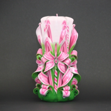 Big Pink Candles with Green and White - Decorative handmade carved candle - EveCandles