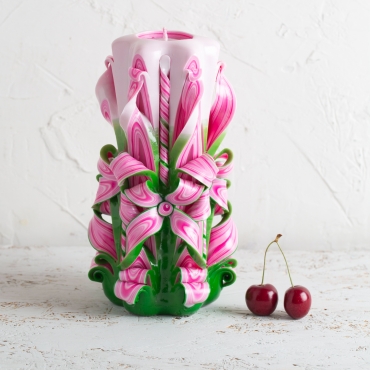 Big Pink Candles with Green and White - Decorative handmade carved candle - EveCandles