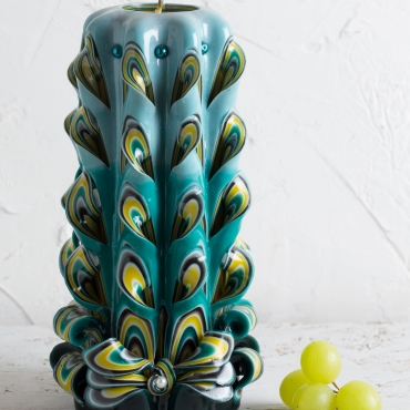 Carved candles - Big peacock tail - Turquoise candle - Decorative carved candle - EveCandles