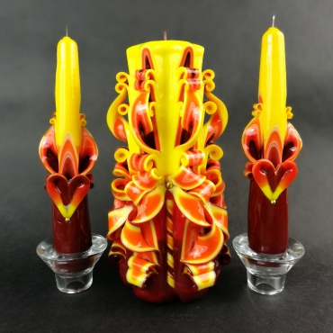 Halloween Decoration - Wedding Unity Candles Set - Carved Candles - Burgundy, Sunflower and Yellow colors - Personalized Wedding Centerpiece